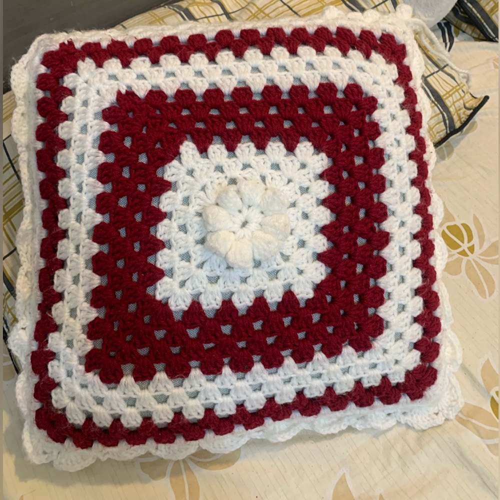 Handcrafted Red and White Crochet Pillow